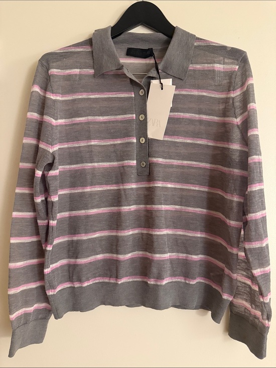 Zara Sweaters - Zara Wool Lightweight Knit Gray & Pink Stripe Polo Sweater